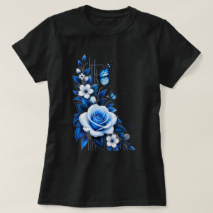 Elegantes Blaues Rosen-Blumengrafik Schwarzes Dame T-Shirt