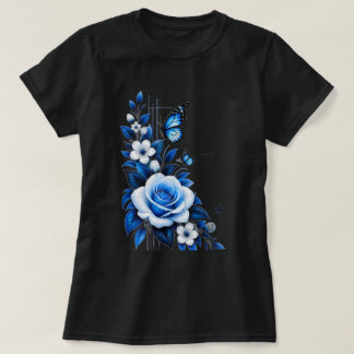 Elegantes Blaues Rosen-Blumengrafik Schwarzes Dame T-Shirt