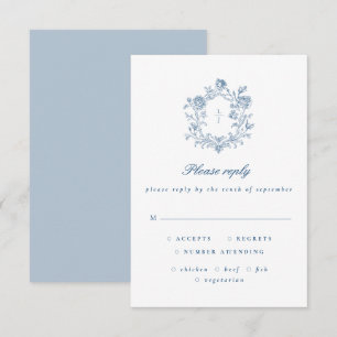 Elegantes blaues Schriftzug Blumenwappen Hochzeit RSVP Karte