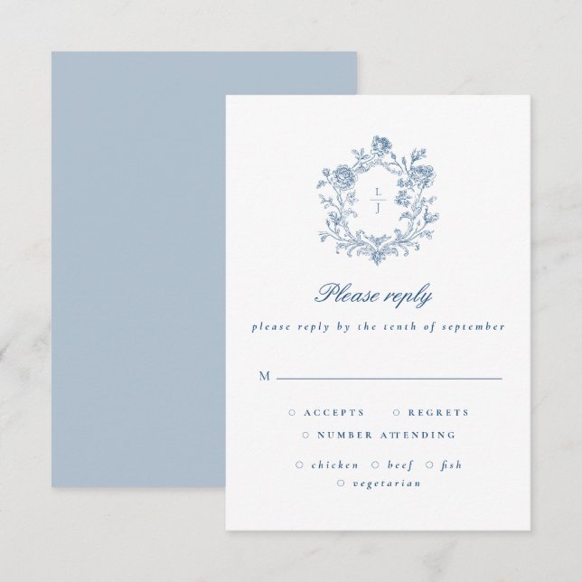 Elegantes blaues Schriftzug Blumenwappen Hochzeit  RSVP Karte (Vorne/Hinten)