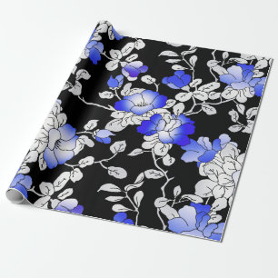 Elegantes blaues Schwarzes Flora Dekoupage Geschenkpapier