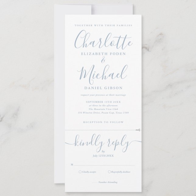 Elegantes, blaues Script in einem Hochzeitsinvit Einladung (Vorderseite)