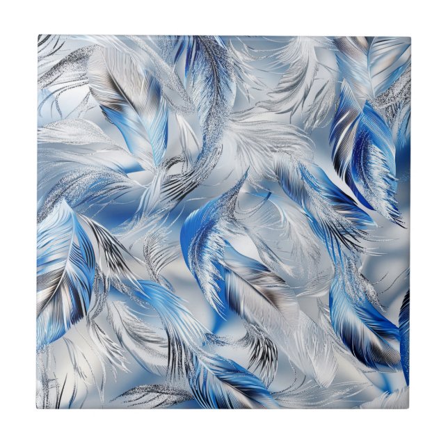 Elegantes blaues Silberfeder-Muster Moderne Kunst Fliese (Vorderseite)