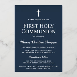 Elegantes blaues Silberkreuz Junge Erste Heilige K Folien Feiertagskarte