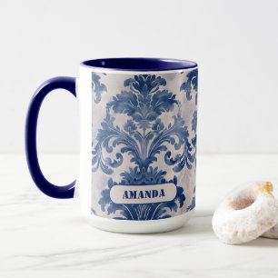 Elegantes Blaues Toile de Jouy Damast Monogramm Tasse