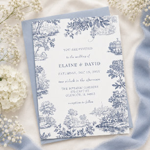 Elegantes blaues Toile-de-Jouy französisches Vinta Einladung