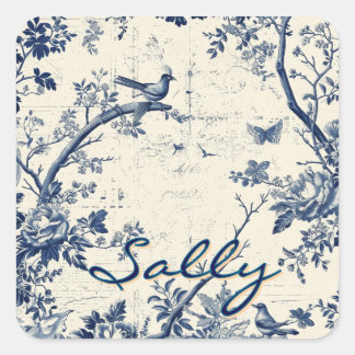 Elegantes blaues Toile-Vogel-Blumenmuster Quadratischer Aufkleber