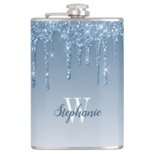 Elegantes blaues tropfendes falsches Glitter Monog Flachmann