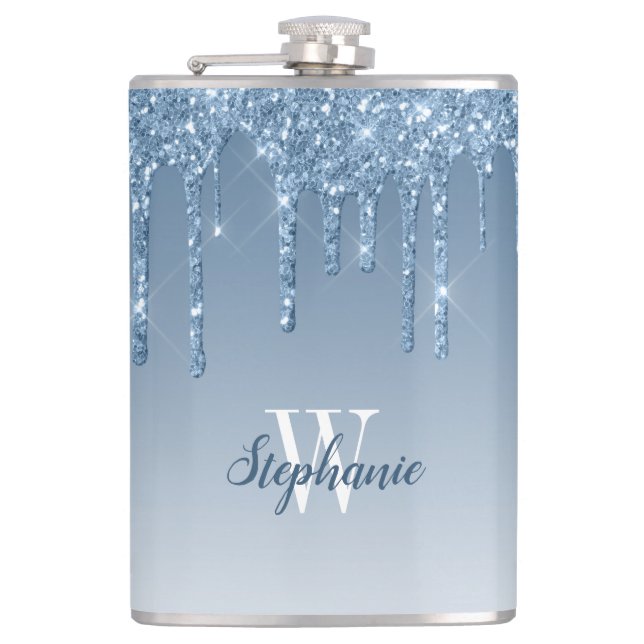 Elegantes blaues tropfendes falsches Glitter Monog Flachmann (Vorderseite)