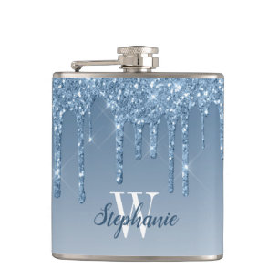 Elegantes blaues tropfendes falsches Glitter Monog Flachmann