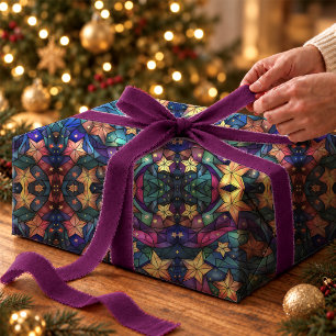 Elegantes blaues Türkis-Buntglas-Galaxie-Sterne Geschenkpapier