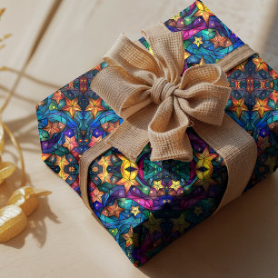 Elegantes blaues Türkis-Galaxien-Sterne-Buntglas Geschenkpapier