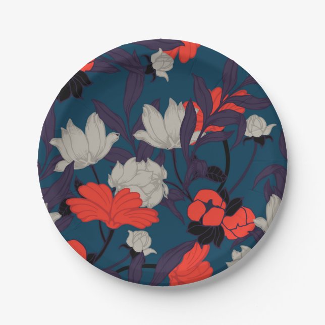 Elegantes blaues u. rotes Blumenmuster Pappteller (Vorderseite)