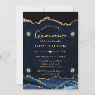 Elegantes Blaues und Gold glitzerndes Achat Quince Einladung