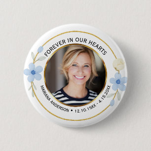 Elegantes blaues und goldenes florales Gedenkfoto Button