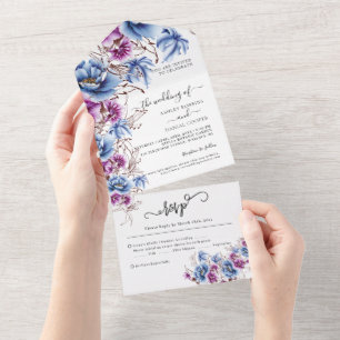 Elegantes Blaues Veilchen Blume Hochzeit Alles in All In One Einladung