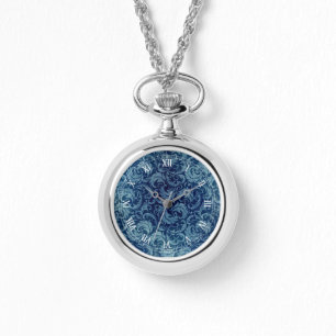 Elegantes Blaues Vintag Damask Muster Armbanduhr