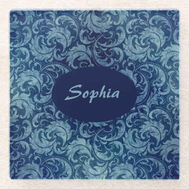 Elegantes Blaues Vintag Damask Muster Glasuntersetzer (Vorderseite)