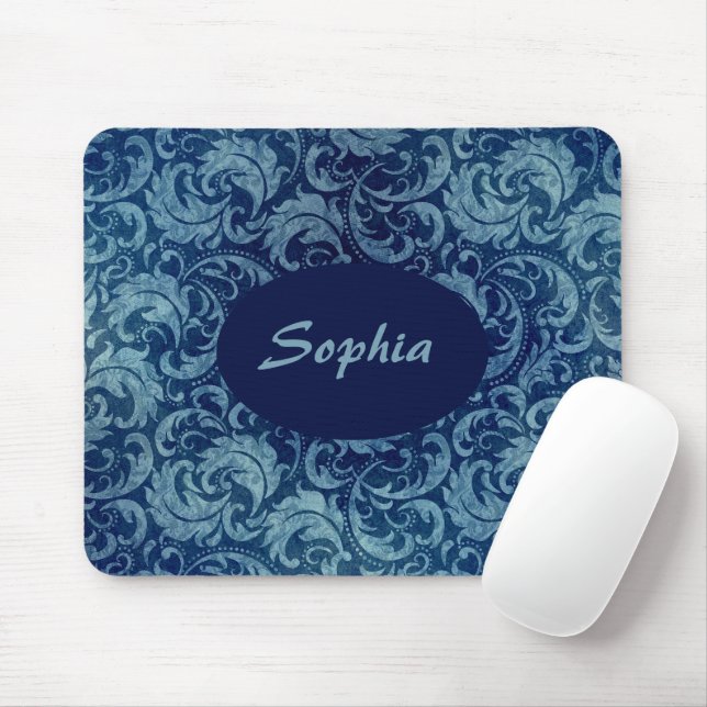 Elegantes Blaues Vintag Damask Muster Mousepad (Mit Mouse)