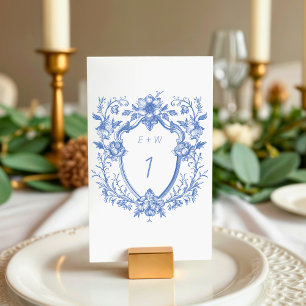 Elegantes blaues Wappen-Monogramm-Hochzeit Tischnummer