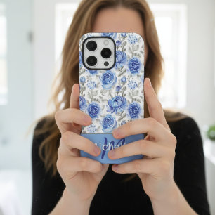 Elegantes blaues Wasserfarben-Blumenmuster mit ind iPhone 16 Pro Max Hülle