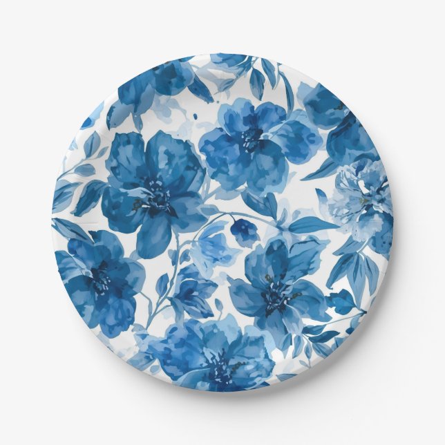Elegantes blaues Wasserfarben-Blumenmuster Pappteller (Vorderseite)