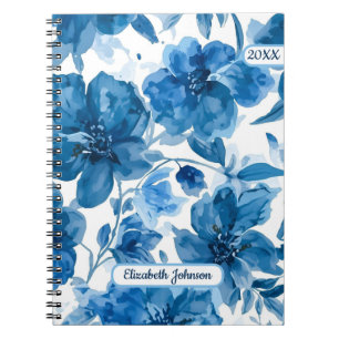 Elegantes blaues Wasserfarben-Blumenmuster persona Notizblock