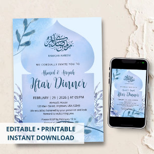 Elegantes blaues Wasserfarben-Islamisches Iftar-Di Einladung