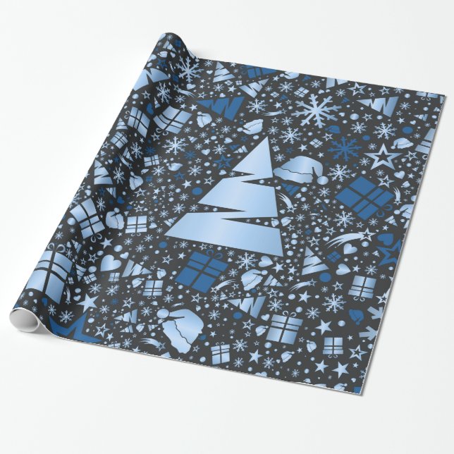 Elegantes Blaues Weihnachtsbaummuster Geschenkpapier (Ungerollt)