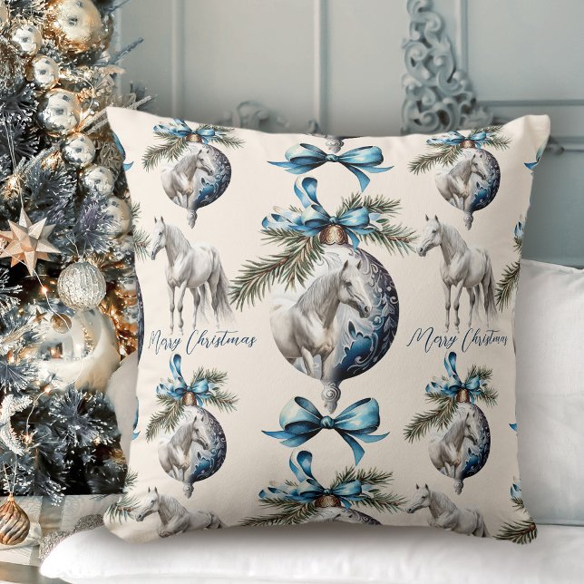 Elegantes blaues Weihnachtsweihpferd Kissen (Elegant blue Christmas white horse pattern Throw Pillow)