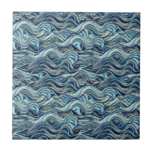 Elegantes blaues Wellenmuster mit goldenen Akzente Fliese