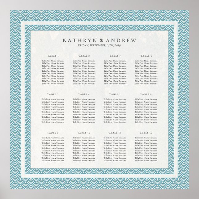 Elegantes blaugrünes Muster Seigaiha Seating Chart Poster (Vorne)