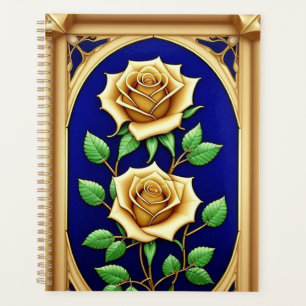 Elegantes Bleiglasfenster mit goldener Rose Planer