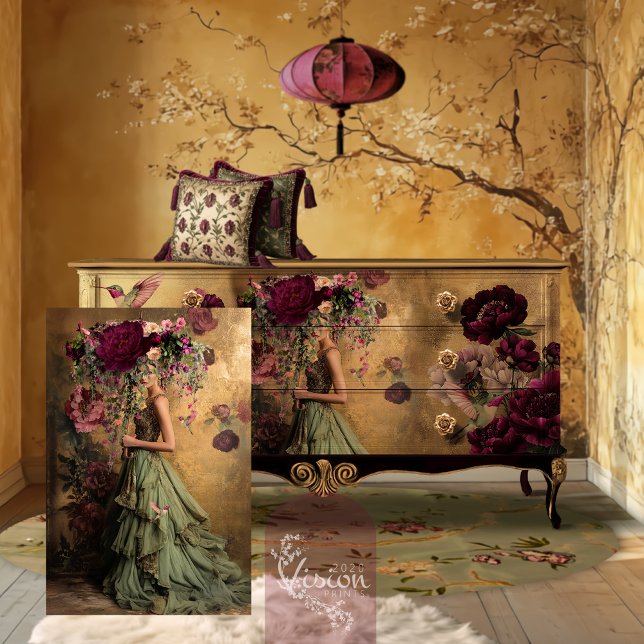 Elegantes Blooms Parasol Fashion Full Portrait Seidenpapier (Elegant Blooms Portrait Bird & Floral, Gold leaf effect, Patina Background Decoupage Tissue Paper)
