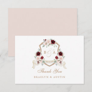 Elegantes Bloral Blush Burgundy Wedding Wappen Dankeskarte