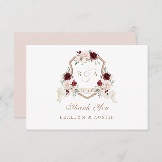 Elegantes Bloral Blush Burgundy Wedding Wappen Dankeskarte (Vorne/Hinten)
