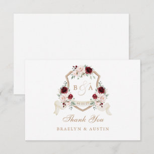 Elegantes Bloral Blush Burgundy Wedding Wappen Dankeskarte