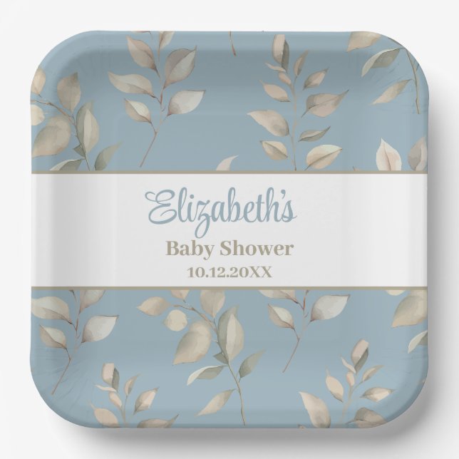 Elegantes Blue and Beige Blätter Baby Shower Pappteller (Vorderseite)