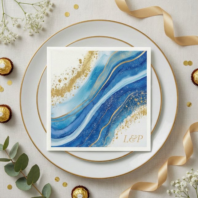 Elegantes Blue and Gold Aquarellmonogramm Napkin Serviette (Elegant Blue and Gold watercolor Monogram Napkin.)