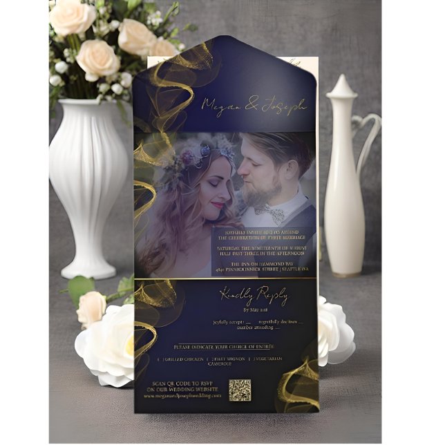 Elegantes Blue and Gold Custom Foto Wedding All In One Einladung (Von Creator hochgeladen)
