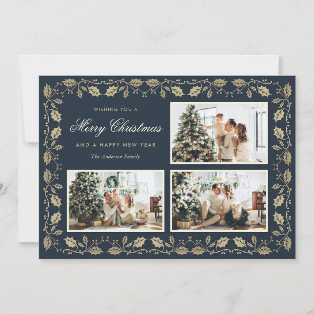 Elegantes Blue and Gold Family Foto Weihnachten (Vorderseite)