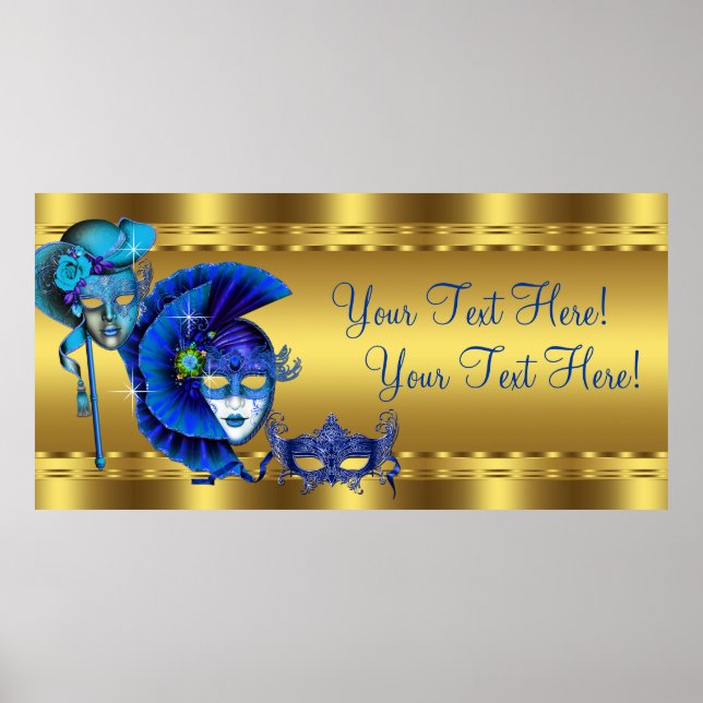 Elegantes Blue and Gold Masquerade Party Banner Poster (Vorne)