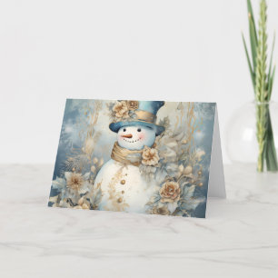 Elegantes Blue and Gold Snowman Holiday Design Feiertagskarte