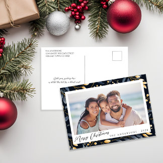 Elegantes Blue and Gold Vintage Blätter Foto Feiertagspostkarte