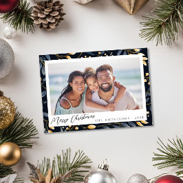 Elegantes Blue and Gold Weihnachts-Blätter Foto Feiertagskarte