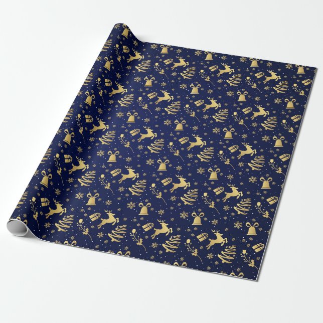 Elegantes Blue and Gold Weihnachtsgeschenk Geschenkpapier (Ungerollt)