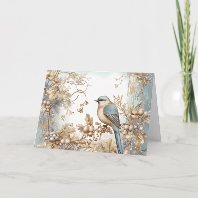 Elegantes Blue and Gold Winter Bird Design Karte (Vorderseite)