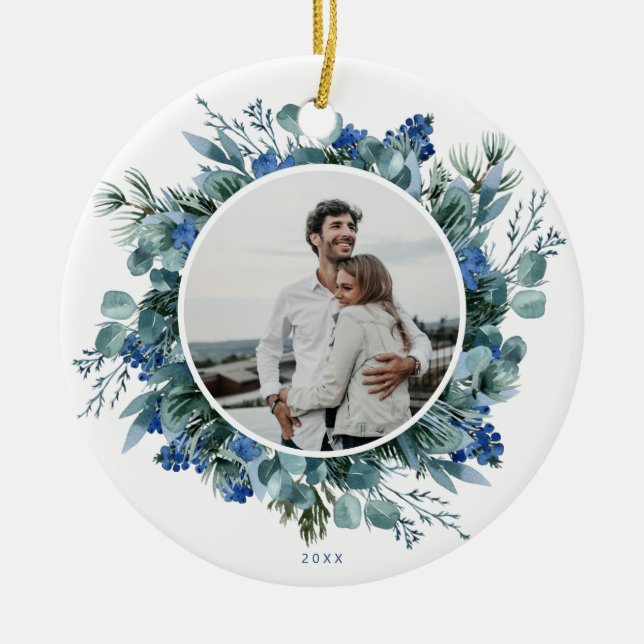 Elegantes Blue Aquamarin Floral Wreath Foto Keramik Ornament (Vorne)