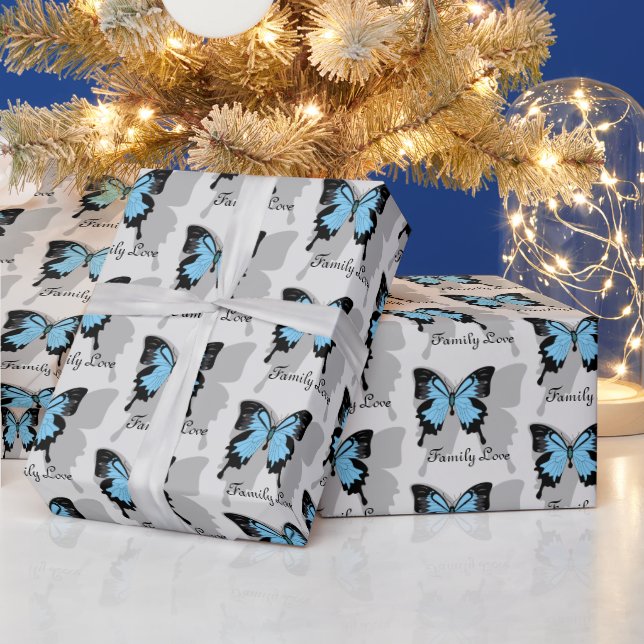 Elegantes Blue Backed Butterfly Shadow Monogramm Geschenkpapier (Feiertage)