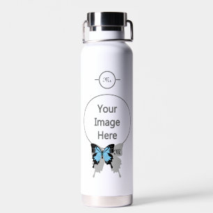 Elegantes Blue Backed Butterfly Shadow Monogramm Trinkflasche